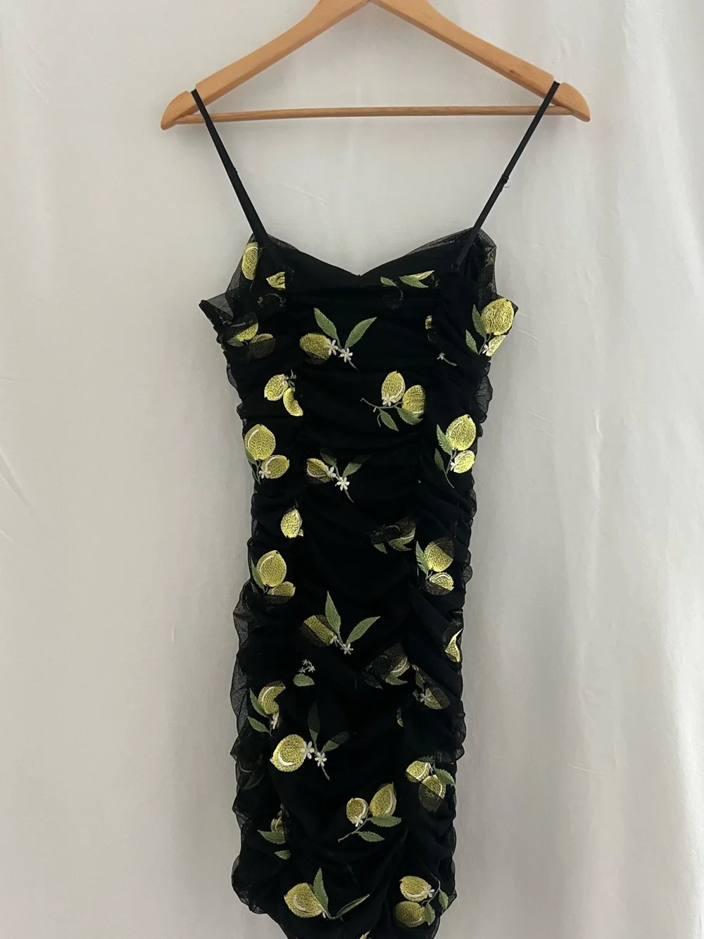 NWT ZARA Black Embroidered Lemon Fruit  Tulle Draped BodyCon Mini Dress Small